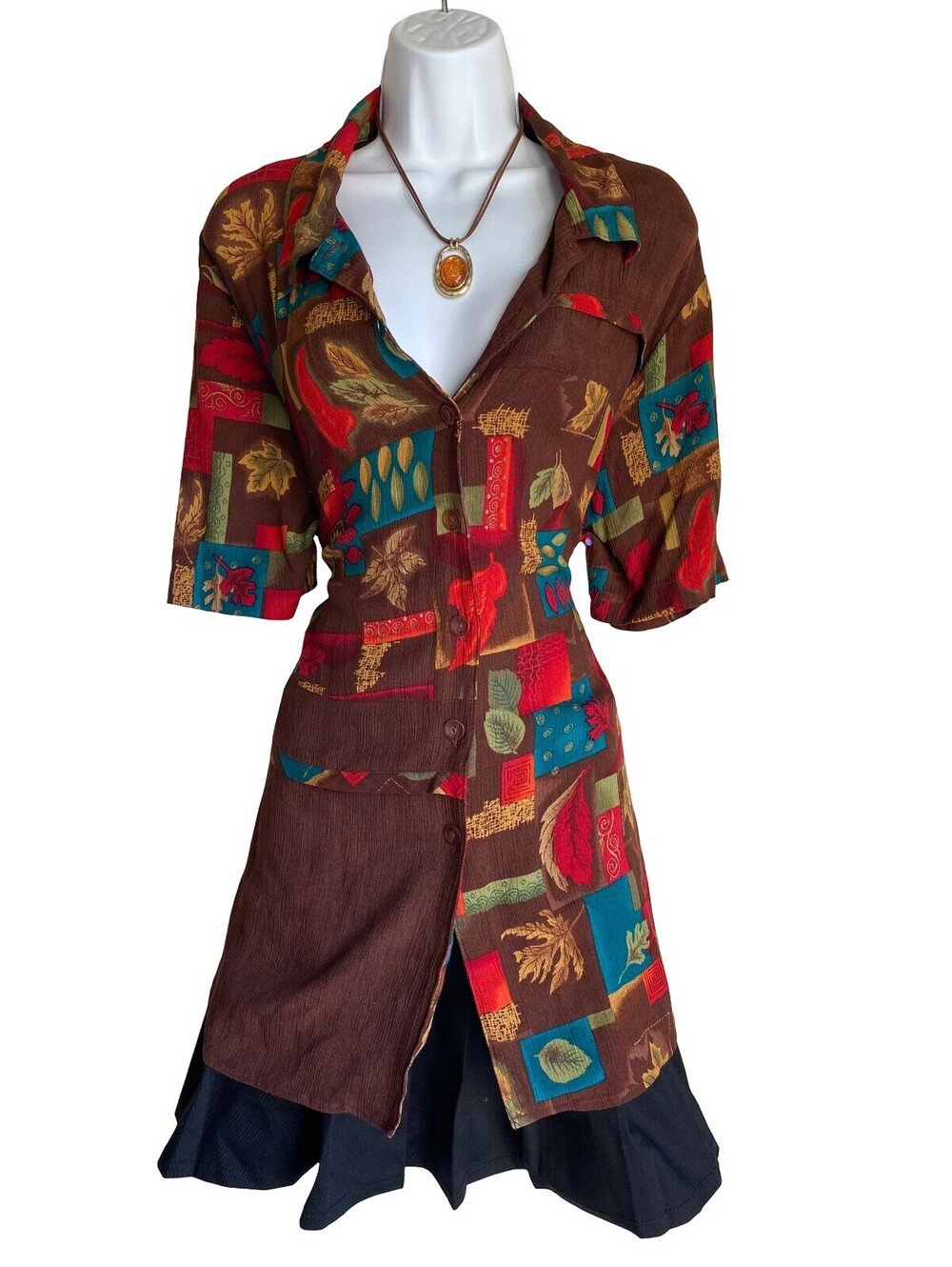 VTG C.M. Shapes Plus 1X Brown Patchwork Button Up Tunic Blouse Boho Whimsigoth